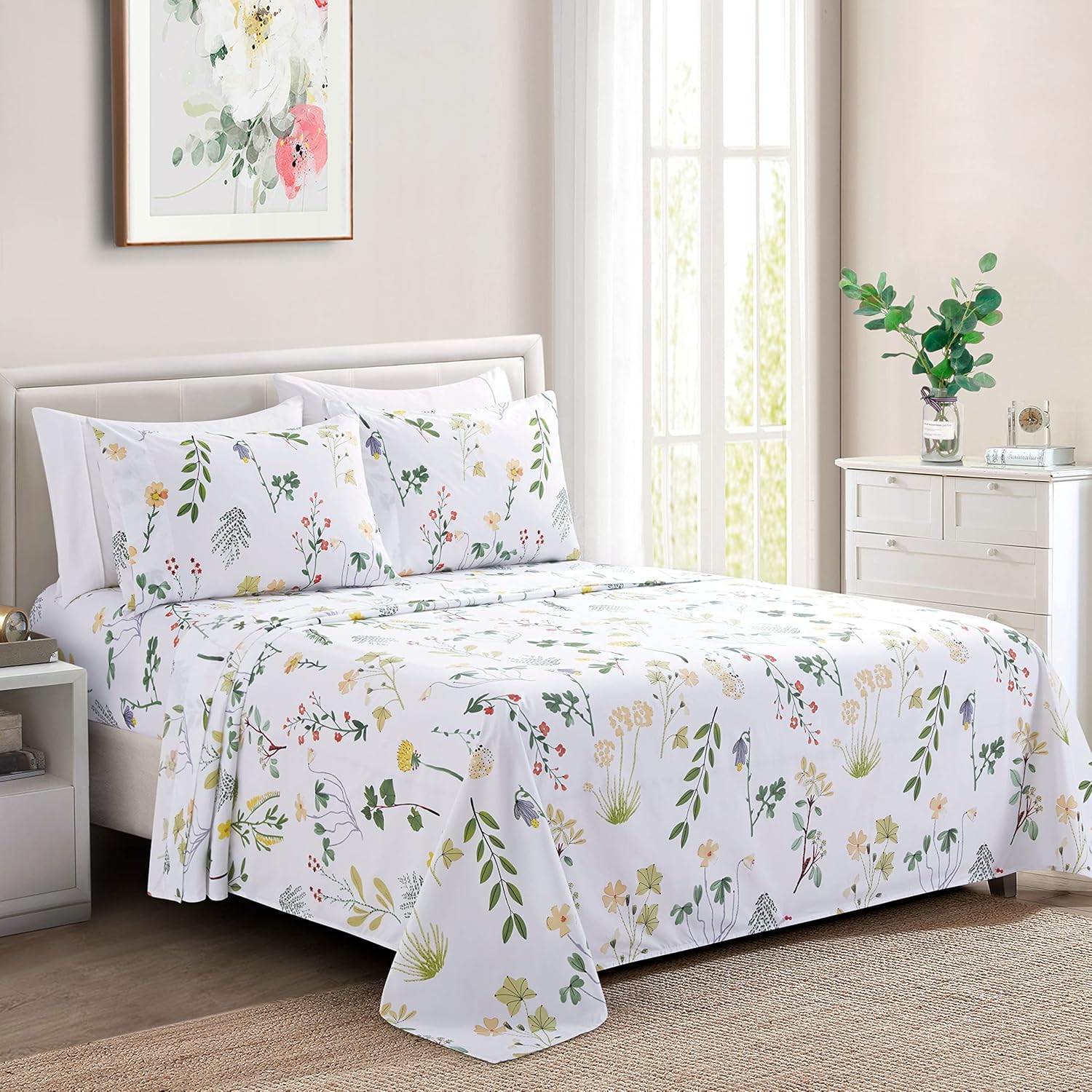 Decorkart Soft Silky Deep Pocket Rich Printed Bedding Rayon from Bamboo All Season 6 Pieces Sheet Set with 4 Pillowcases, Colorful Floral Forest Pattern