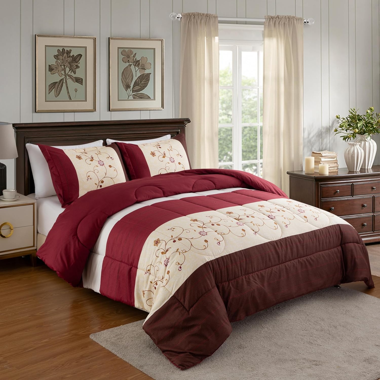 Decorkart Home Decor Ultra Soft Luxury Fluffy Goose Down Alternative Bedding Printed 3 Piece Comforter Set, Modern Burgundy Cosmos Floral Pattern