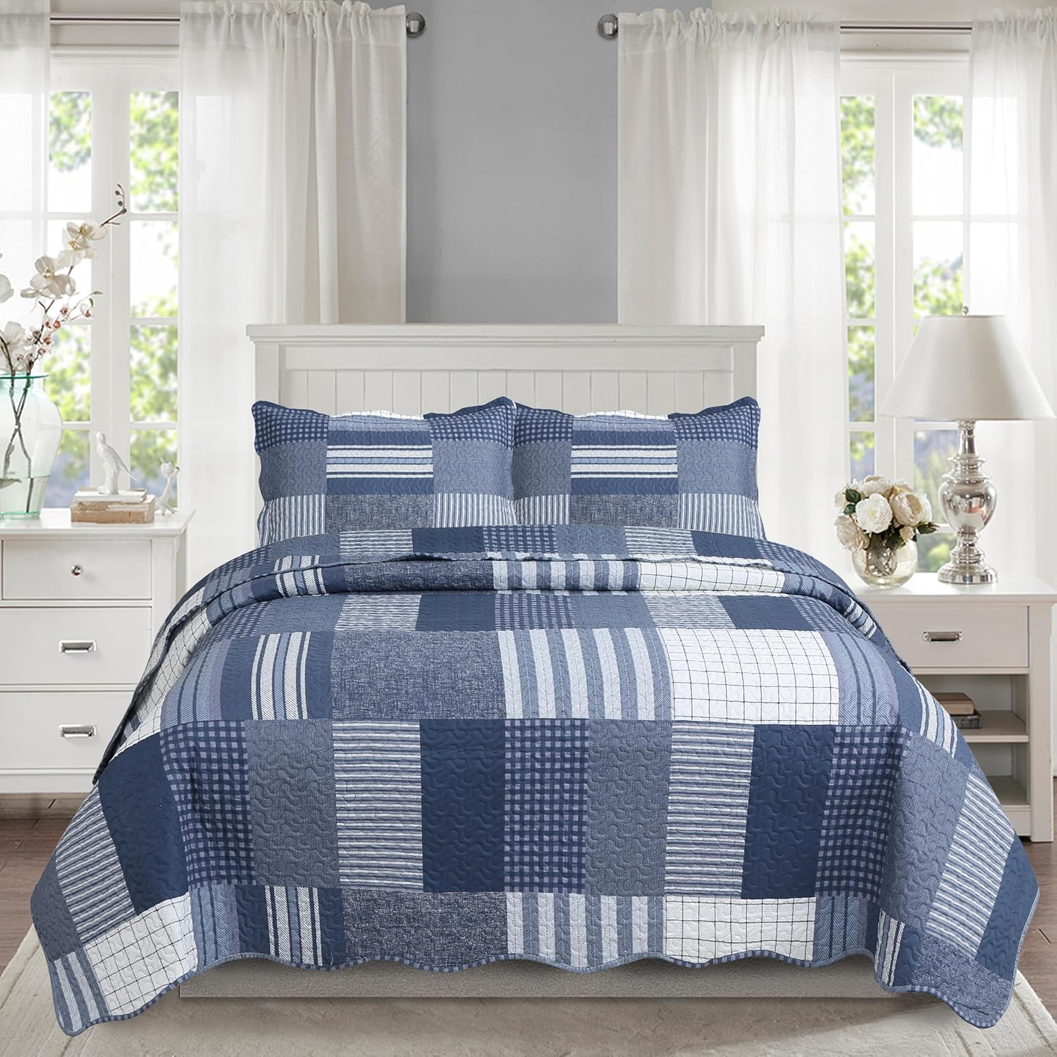 Decorkart Rich Printed Embossed Pinsonic Coverlet Bedspread Ultra Soft Home Bedding 3 Piece Summer Quilt Set with 2 Embossed Shams, Navy White Plaid Pattern