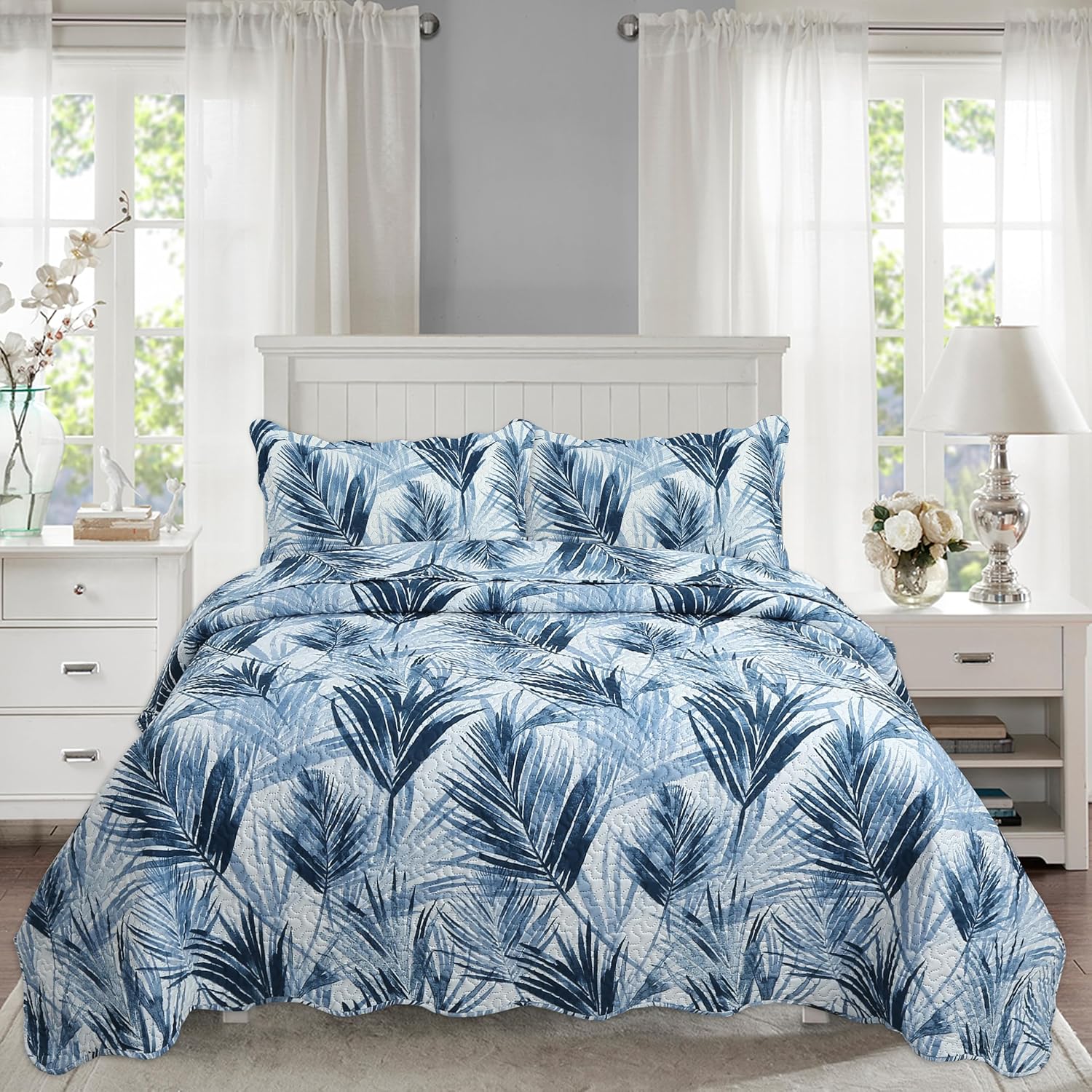 Decorkart Rich Printed Embossed Pinsonic Coverlet Bedspread Ultra Soft 3 Piece Summer Quilt Set with 2 Quilted Shams, Modern Blue Leaves Pattern