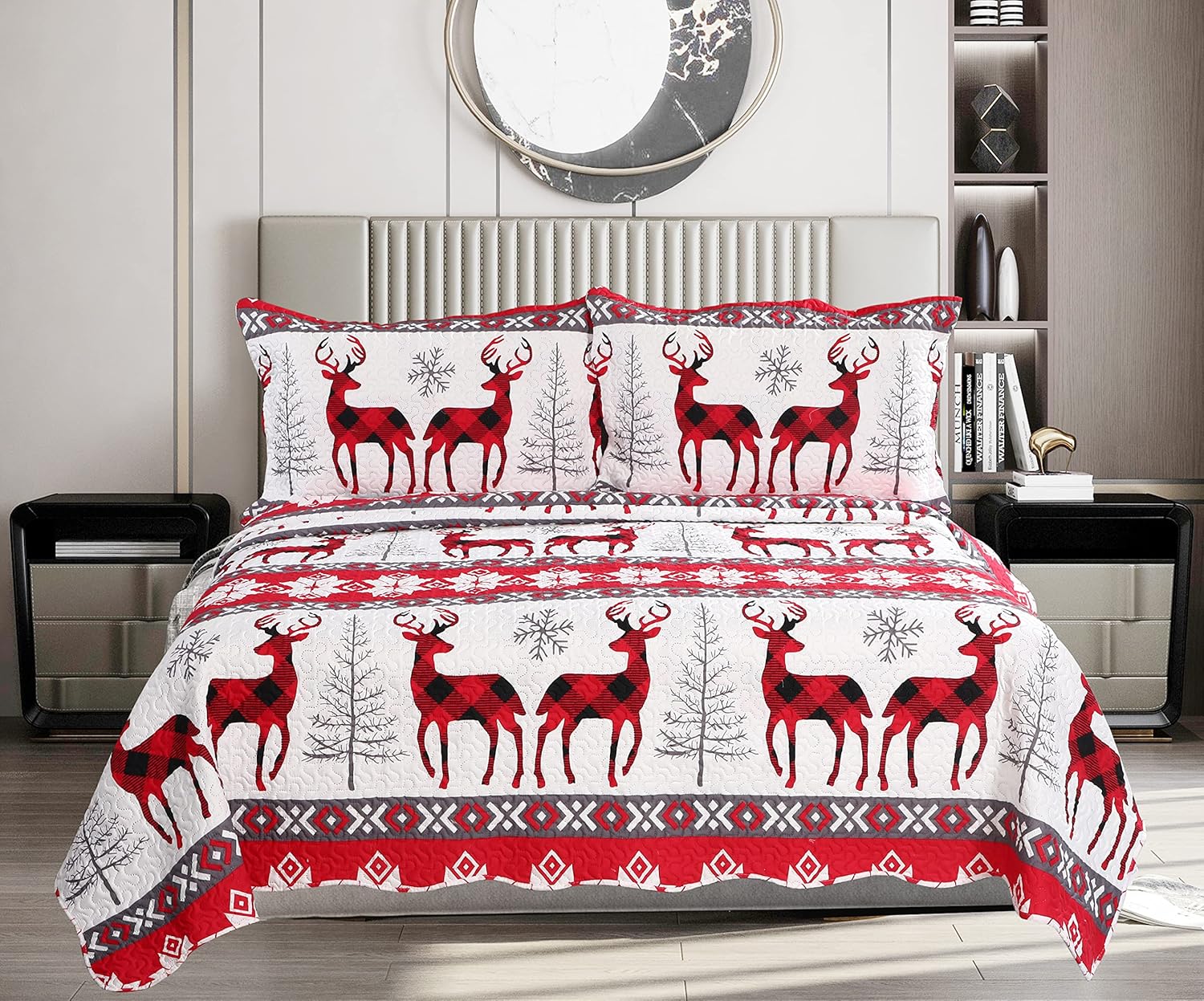 Decorkart Rich Printed Embossed Pinsonic Coverlet Bedspread Ultra Soft 3 Piece Summer Christmas Quilt Set with 2 Quilted Shams, Xmas Snowflake and Deer Pattern