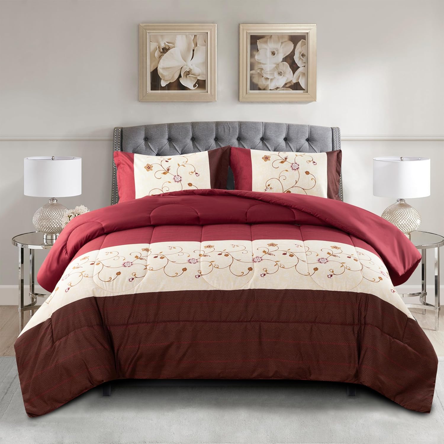 Decorkart Home Decor Ultra Soft Luxury Fluffy Goose Down Alternative Bedding Printed 3 Piece Comforter Set, Modern Burgundy Cosmos Floral Pattern