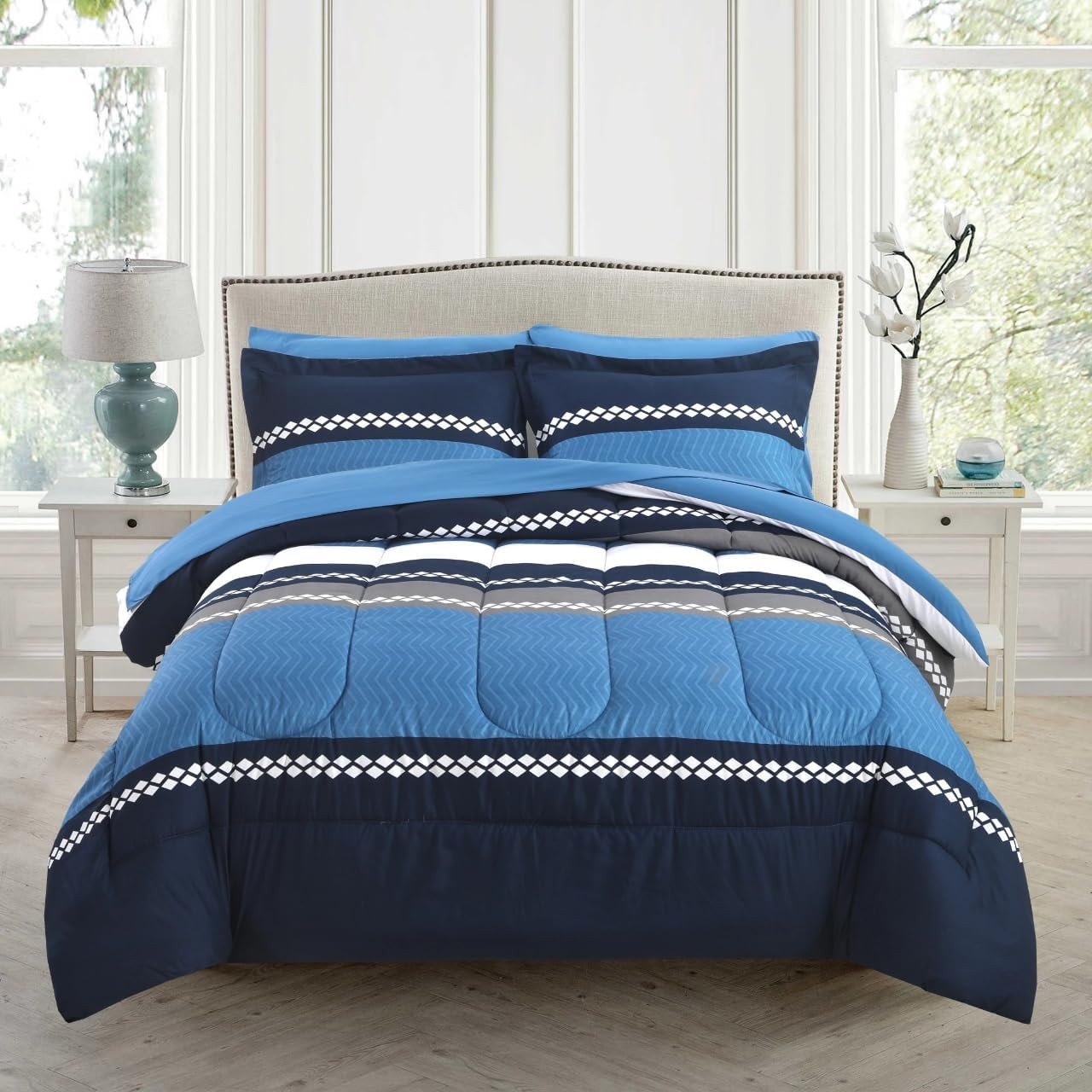 Decorkart Ultra Soft Luxury Fluffy Goose Down Alternative Bed in a Bag Bedding Printed 7 Piece Comforter Set Includes 4 Piece Sheet Set, Navy Blue Geometric Stripes Pattern