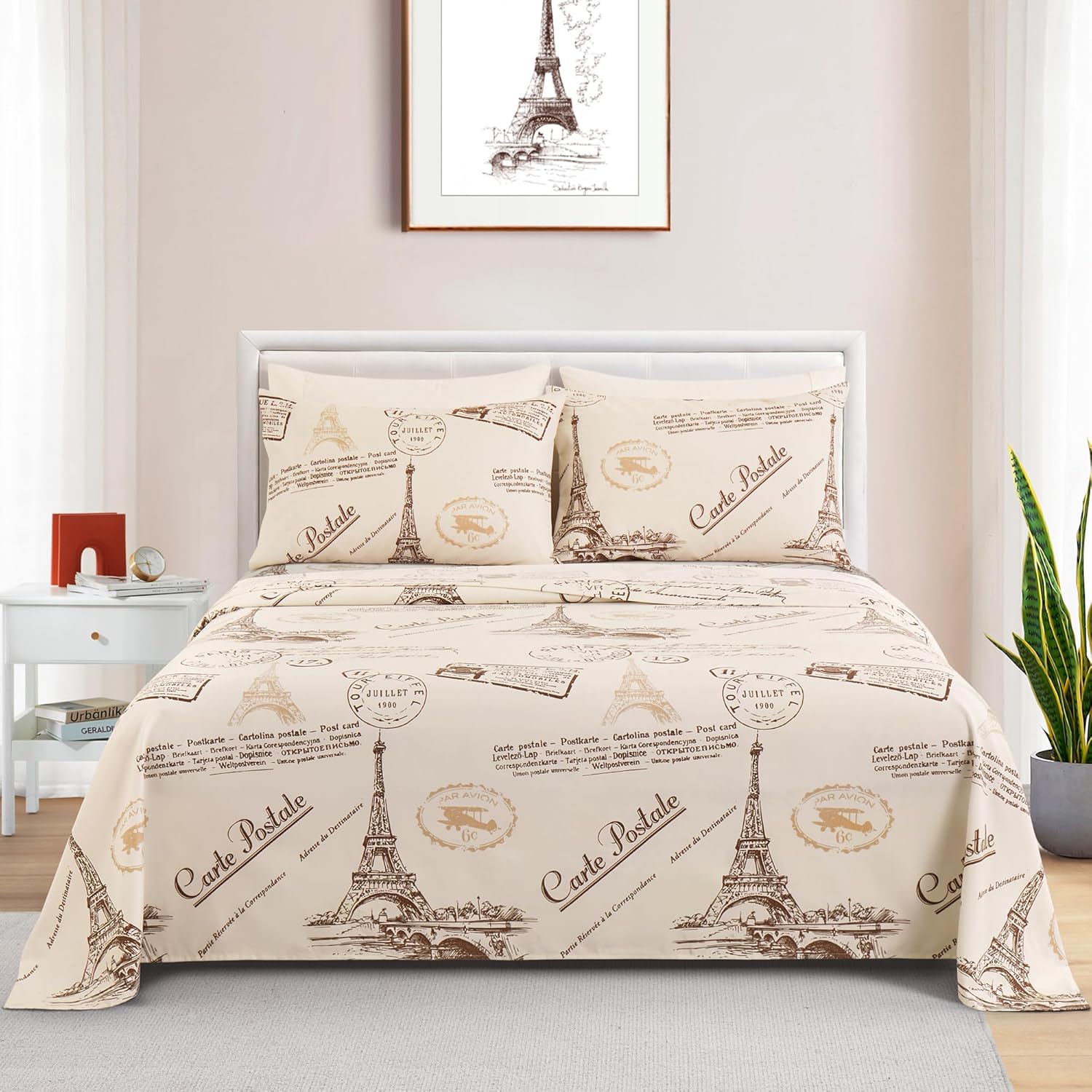 Decorkart Ultra Soft Silky Deep Pocket Rich Printed Bedding Rayon from Bamboo All Season 6 Pieces Sheet Set with 4 Pillowcases, Eiffel Tower Ivory Pattern