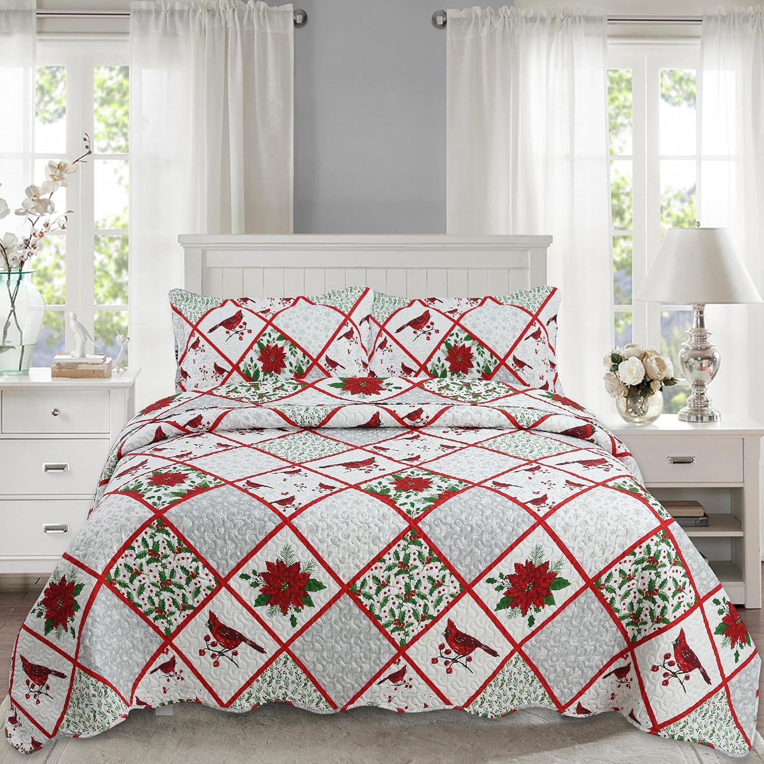 Decorkart Printed Embossed Pinsonic Coverlet Bedspread Ultra Soft Home Bedding 2 Piece Summer Christmas Quilt Set with 1 Quilted Sham, Xmas Red Cardinal Poinsettia Pattern