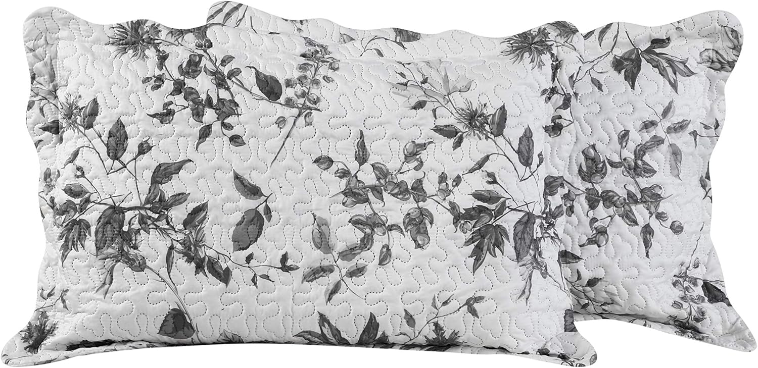Decorkart Rich Printed Embossed Pinsonic Coverlet Bedspread Ultra Soft 3 Piece Summer Quilt Set with 2 Quilted Shams, Grey Chrysanthemum Floral Branches Pattern