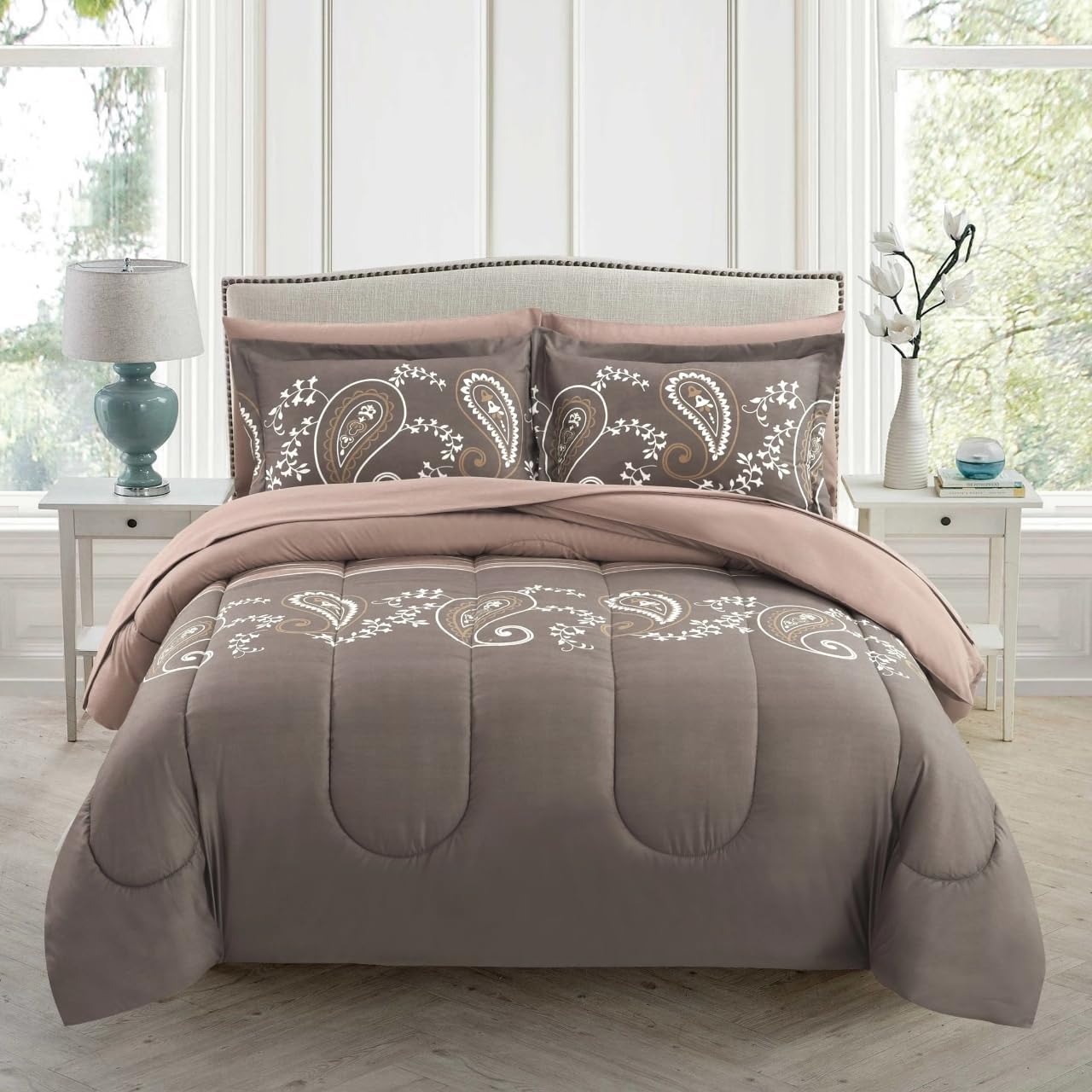 Decorkart Ultra Soft Luxury Fluffy Goose Down Alternative Bed in a Bag Bedding Printed 7 Piece Comforter Set Includes 4 Piece Sheet Set, Taupe Floral Paisley Pattern