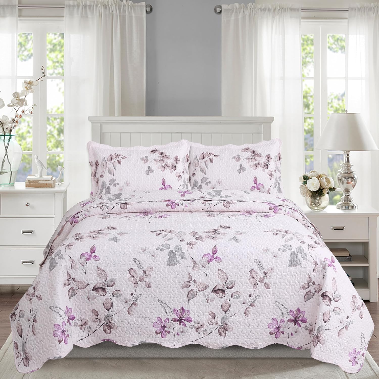 Decorkart Rich Printed Embossed Pinsonic Coverlet Bedspread Ultra Soft Home Bedding 3 Piece Summer Quilt Set with 2 Embossed Shams, Purple Leaves Pink Pattern