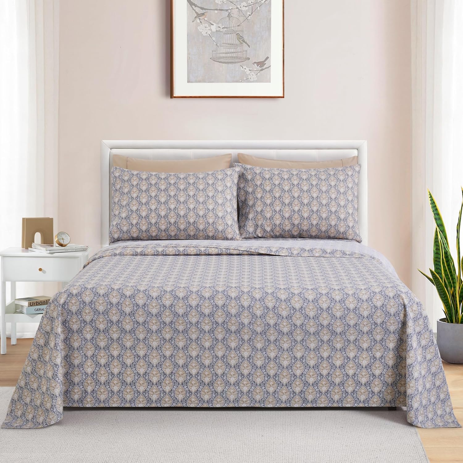 Decorkart Ultra Soft Silky Deep Pocket Rich Printed Bedding Rayon from Bamboo All Season 6 Pieces Sheet Set with 4 Pillowcases, Taupe Grey Floral Pattern