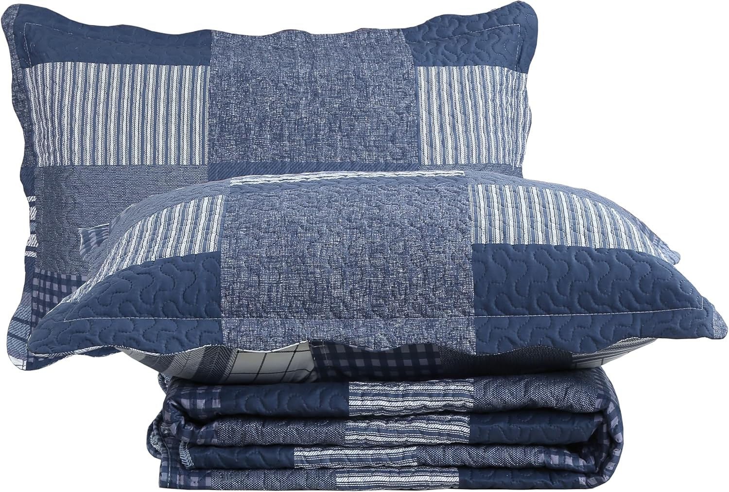 Decorkart Rich Printed Embossed Pinsonic Coverlet Bedspread Ultra Soft Home Bedding 3 Piece Summer Quilt Set with 2 Embossed Shams, Navy White Plaid Pattern