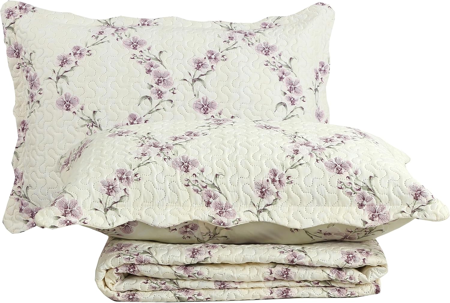 Decorkart Rich Printed Embossed Pinsonic Coverlet Bedspread Ultra Soft Home Bedding 2 Piece Summer Quilt Set with 1 Embossed Sham, Purple Orchid Cream Pattern