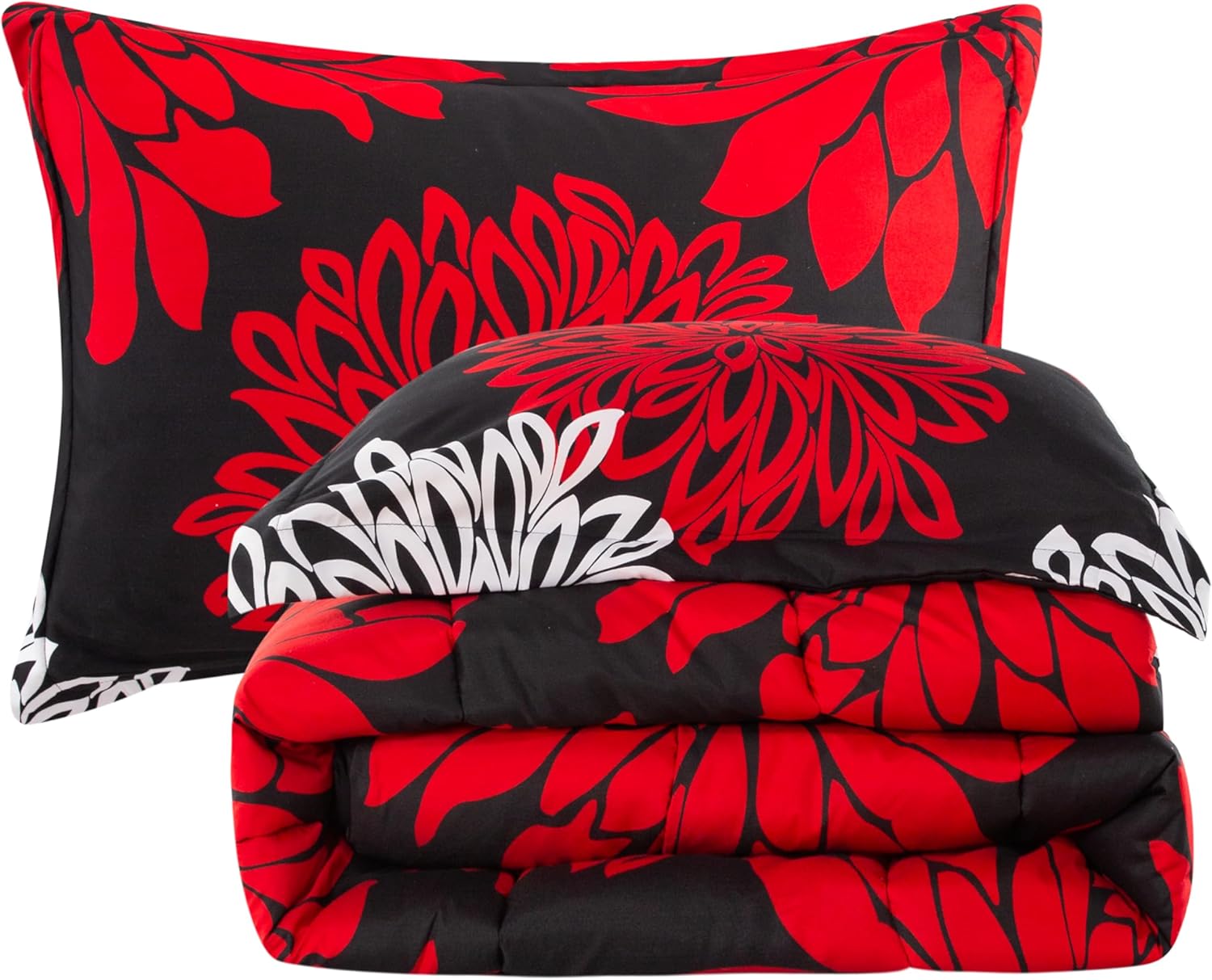 Decorkart Home Decor Ultra Soft Luxury Fluffy Goose Down Alternative Bedding Printed 3 Piece Comforter Set, Modern Red White Floral Black Base Pattern