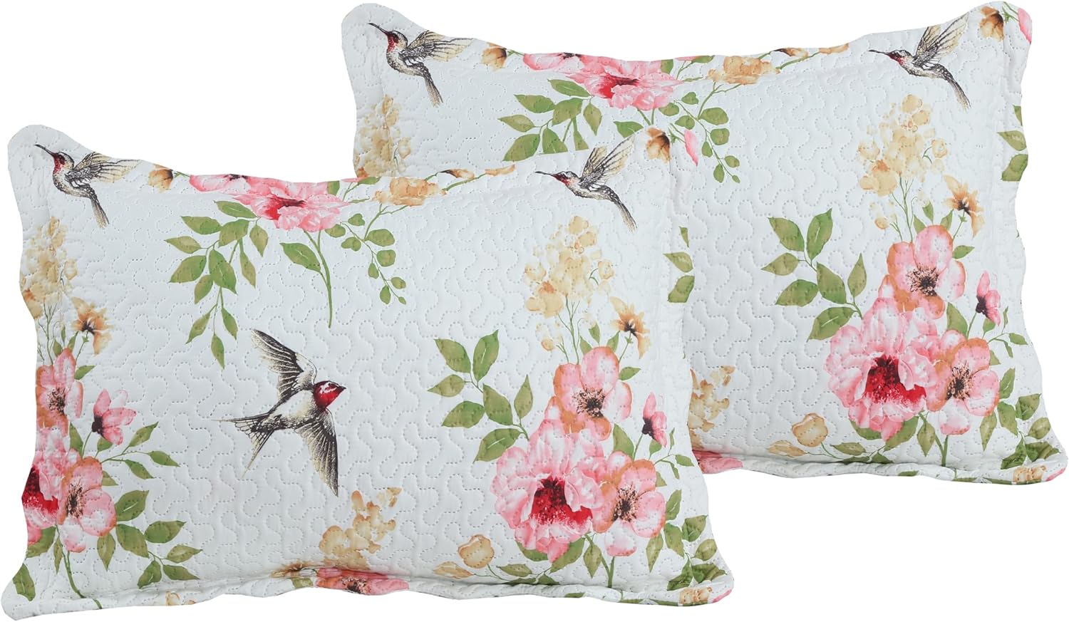 Decorkart Rich Printed Embossed Pinsonic Coverlet Bedspread Ultra Soft 3 Piece Summer Quilt Set with 2 Quilted Shams, Pink Floral and Birds Pattern