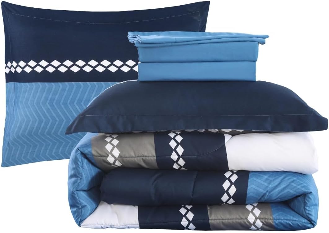 Decorkart Ultra Soft Luxury Fluffy Goose Down Alternative Bed in a Bag Bedding Printed 7 Piece Comforter Set Includes 4 Piece Sheet Set, Navy Blue Geometric Stripes Pattern