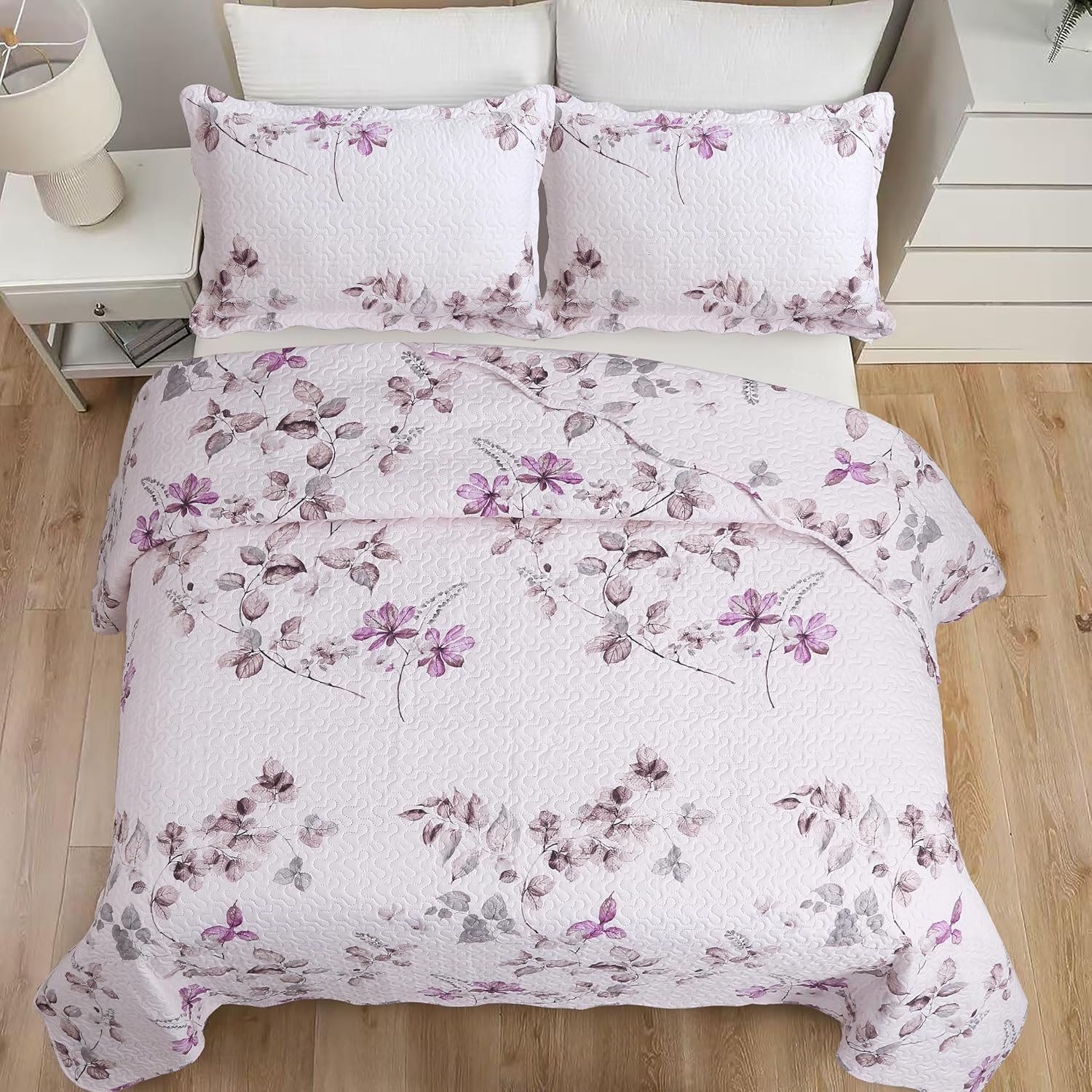 Decorkart Rich Printed Embossed Pinsonic Coverlet Bedspread Ultra Soft Home Bedding 3 Piece Summer Quilt Set with 2 Embossed Shams, Purple Leaves Pink Pattern