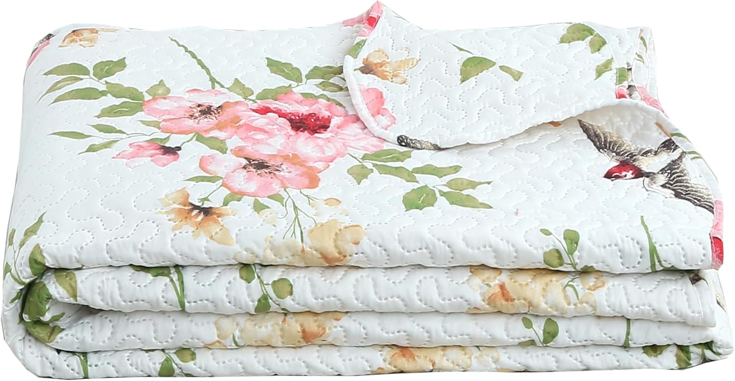 Decorkart Rich Printed Embossed Pinsonic Coverlet Bedspread Ultra Soft 3 Piece Summer Quilt Set with 2 Quilted Shams, Pink Floral and Birds Pattern