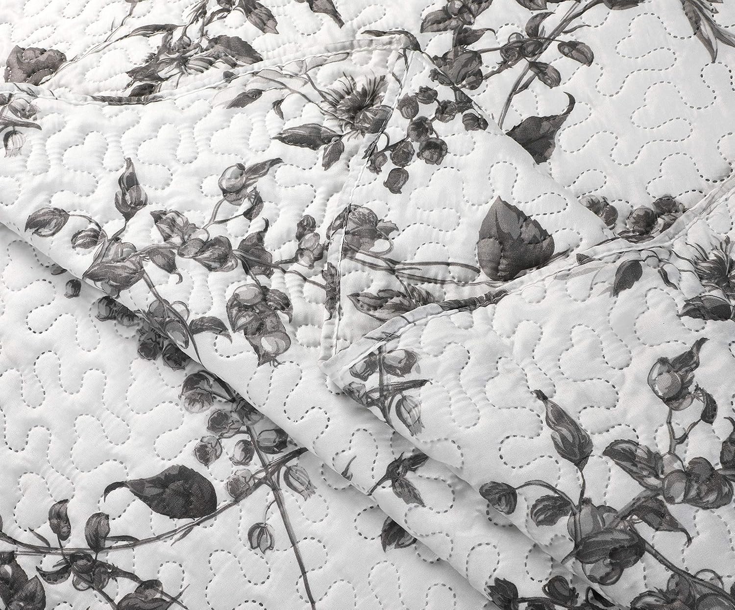 Decorkart Rich Printed Embossed Pinsonic Coverlet Bedspread Ultra Soft 3 Piece Summer Quilt Set with 2 Quilted Shams, Grey Chrysanthemum Floral Branches Pattern