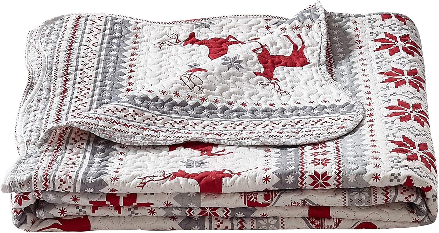 Decorkart Rich Printed Embossed Pinsonic Coverlet Bedspread Ultra Soft 3 Piece Summer Christmas Quilt Set with 2 Quilted Shams, Xmas Deer Pattern