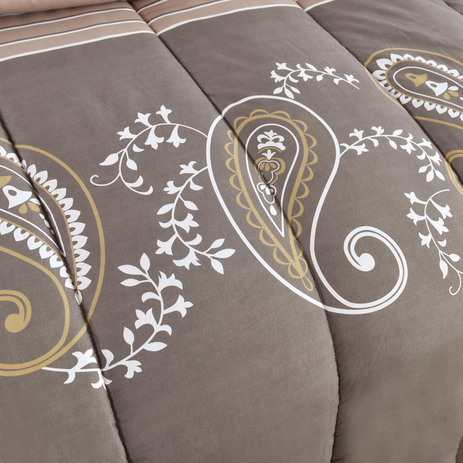 Decorkart Ultra Soft Luxury Fluffy Goose Down Alternative Bed in a Bag Bedding Printed 7 Piece Comforter Set Includes 4 Piece Sheet Set, Taupe Floral Paisley Pattern