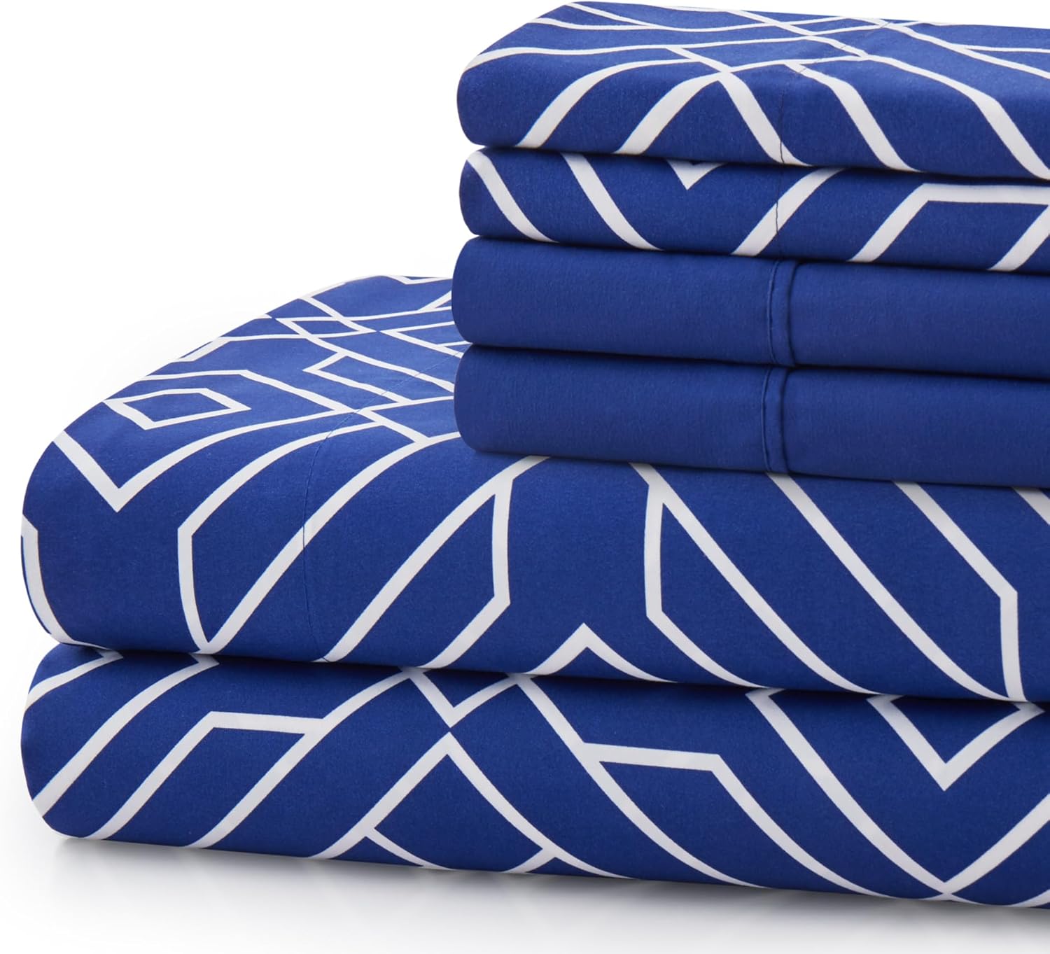 Decorkart Ultra Soft Silky Deep Pocket Rich Printed Bedding Rayon from Bamboo All Season 6 Pieces Sheet Set with 4 Pillowcases, Blue Geometric Pattern