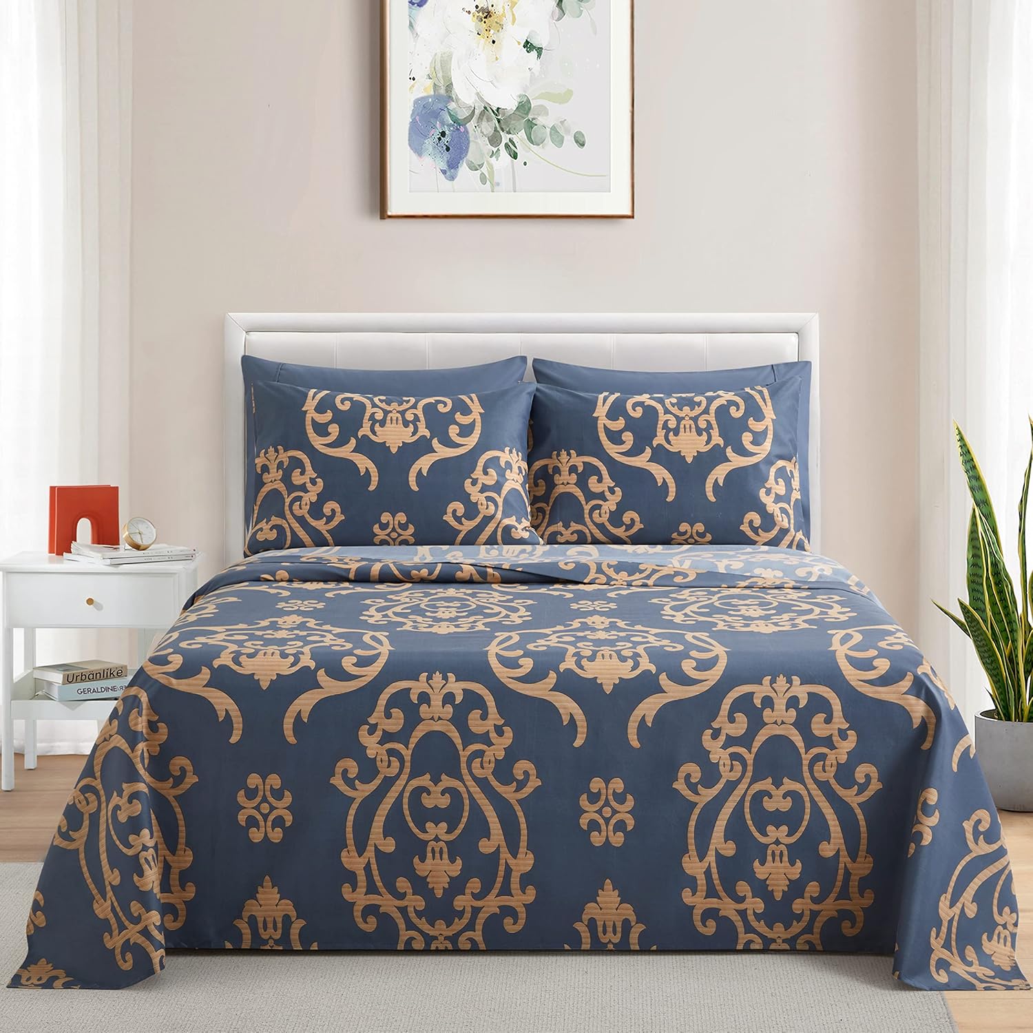 Decorkart Ultra Soft Silky Deep Pocket Rich Printed Bedding Rayon from Bamboo All Season 6 Pieces Sheet Set with 4 Pillowcases, Gold Damask Navy Blue Pattern