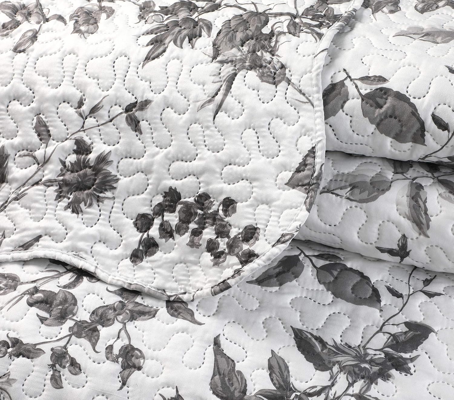 Decorkart Rich Printed Embossed Pinsonic Coverlet Bedspread Ultra Soft 3 Piece Summer Quilt Set with 2 Quilted Shams, Grey Chrysanthemum Floral Branches Pattern
