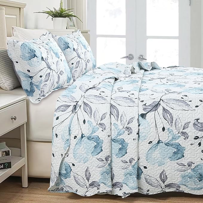 Decorkart Rich Printed Embossed Pinsonic Coverlet Bedspread Ultra Soft Home Bedding 3 Piece Summer Quilt Set with 2 Embossed Shams, Blue Floral Pattern