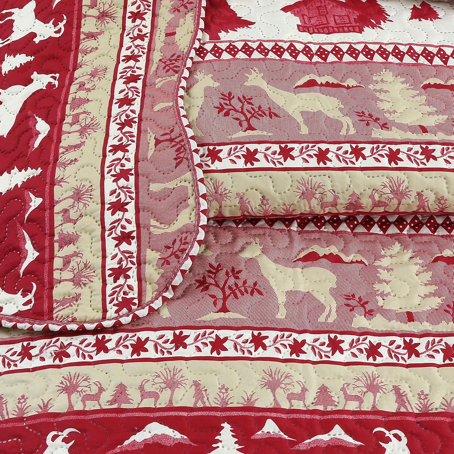 Decorkart Rich Printed Embossed Pinsonic Coverlet Bedspread Ultra Soft Home Bedding 3 Piece Summer Christmas Quilt Set with 2 Quilted Shams, Cabin Red Goat Pattern