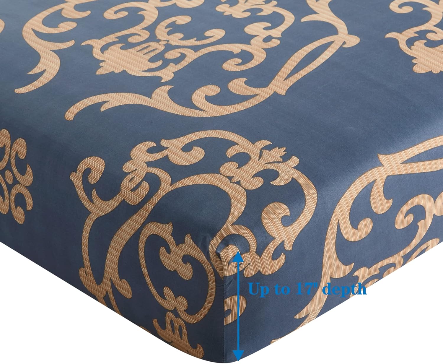 Decorkart Ultra Soft Silky Deep Pocket Rich Printed Bedding Rayon from Bamboo All Season 6 Pieces Sheet Set with 4 Pillowcases, Gold Damask Navy Blue Pattern
