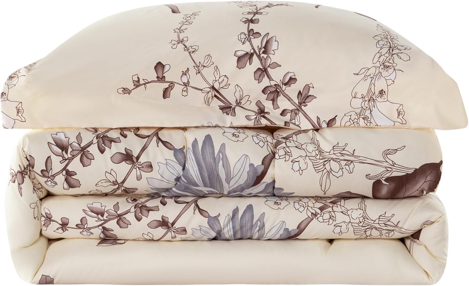 Decorkart Home Decor Ultra Soft Luxury Fluffy Goose Down Alternative Bedding Printed 3 Piece Comforter Set, Blue Chrysanthemum Floral Cream Base Pattern