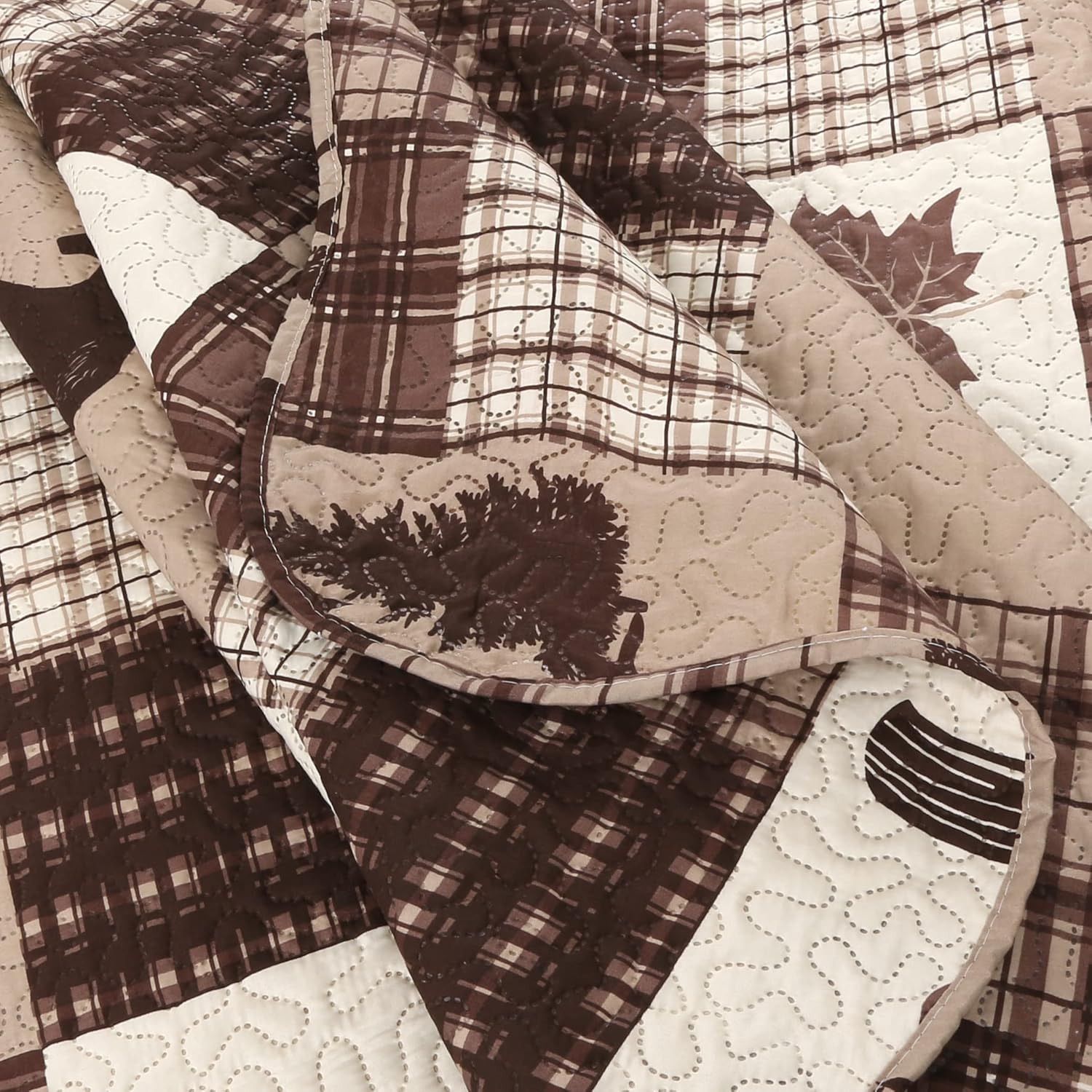 Decorkart Rich Printed Embossed Pinsonic Coverlet Bedspread Ultra Soft 2 Piece Summer Quilt Set with 1 Quilted Sham, Brown Cabin Maple Deer Plaid Pattern
