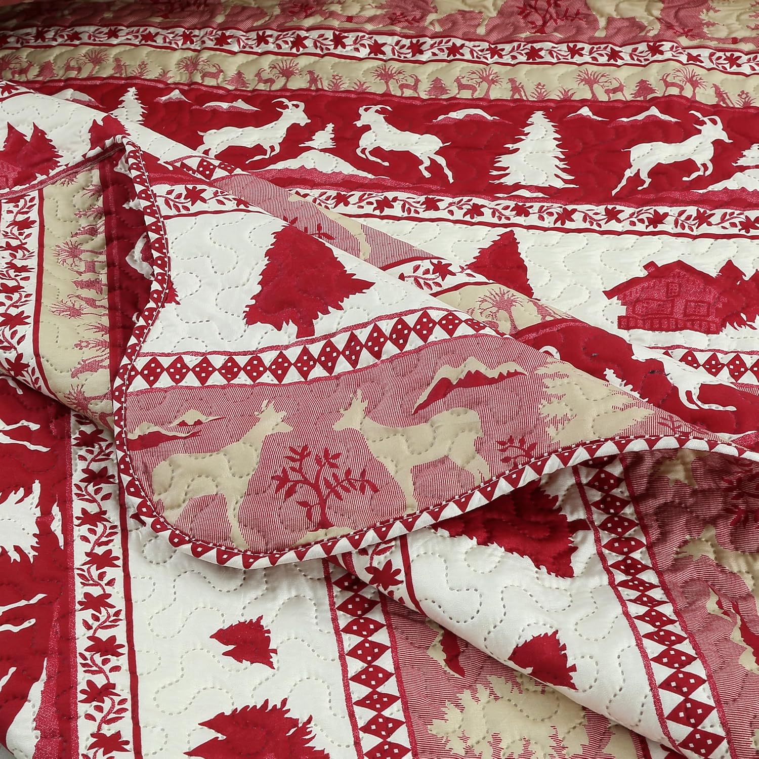 Decorkart Rich Printed Embossed Pinsonic Coverlet Bedspread Ultra Soft Home Bedding 3 Piece Summer Christmas Quilt Set with 2 Quilted Shams, Cabin Red Goat Pattern