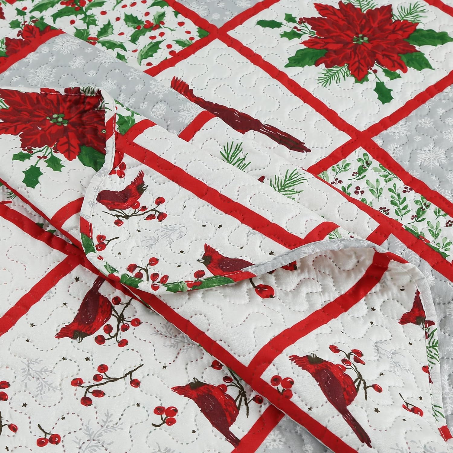 Decorkart Printed Embossed Pinsonic Coverlet Bedspread Ultra Soft Home Bedding 2 Piece Summer Christmas Quilt Set with 1 Quilted Sham, Xmas Red Cardinal Poinsettia Pattern