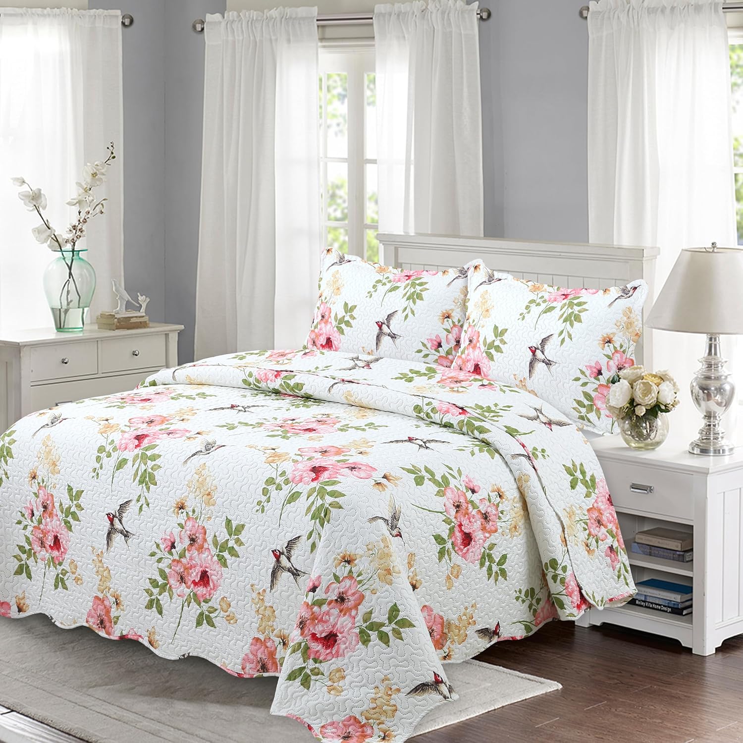 Decorkart Rich Printed Embossed Pinsonic Coverlet Bedspread Ultra Soft 3 Piece Summer Quilt Set with 2 Quilted Shams, Pink Floral and Birds Pattern