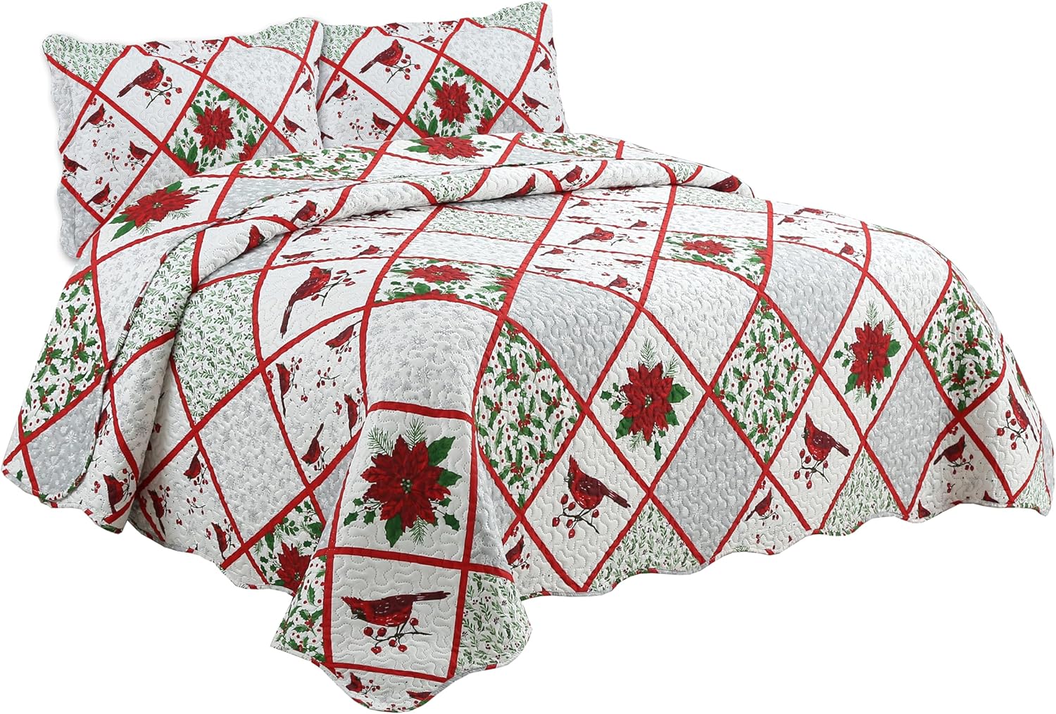 Decorkart Printed Embossed Pinsonic Coverlet Bedspread Ultra Soft Home Bedding 2 Piece Summer Christmas Quilt Set with 1 Quilted Sham, Xmas Red Cardinal Poinsettia Pattern
