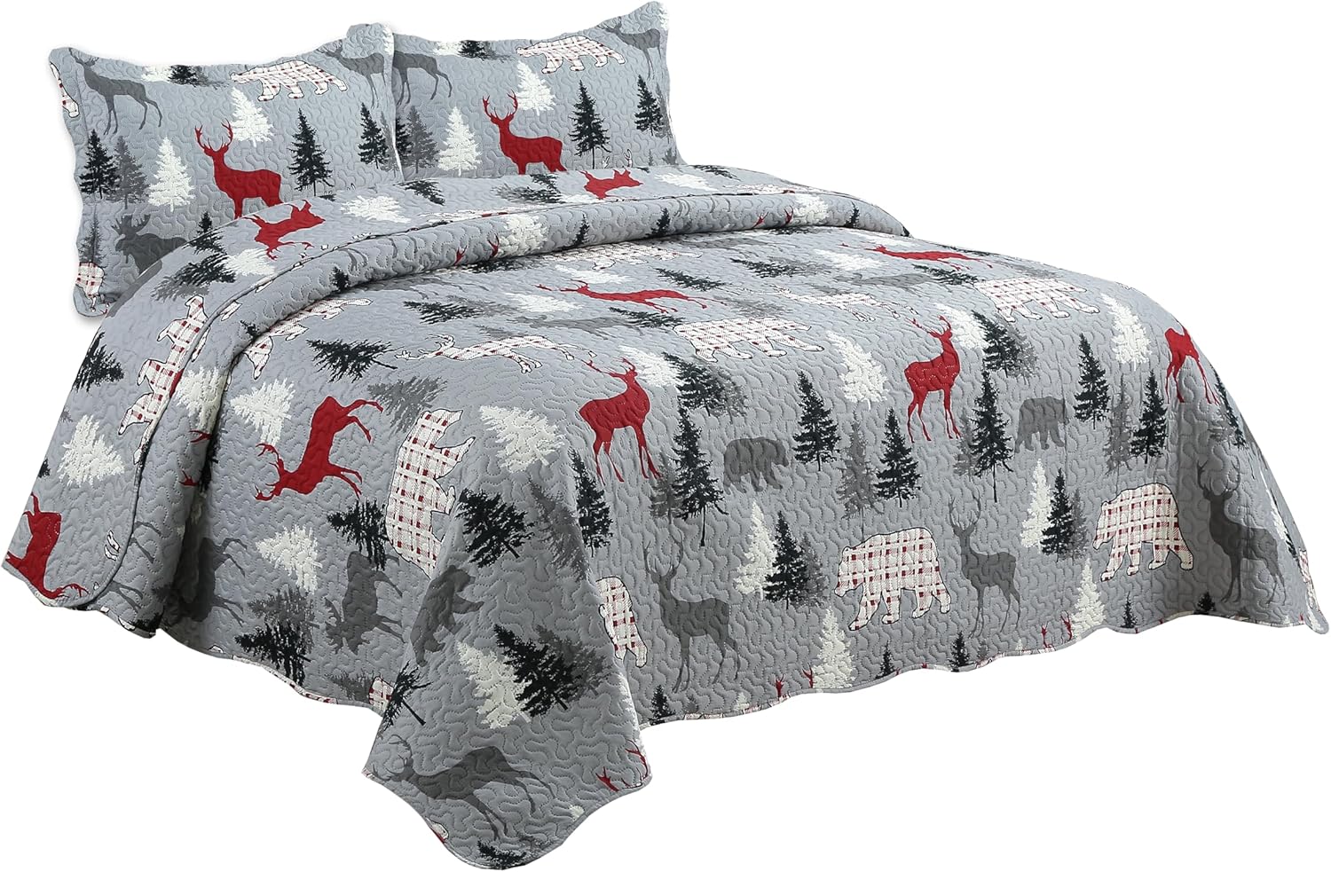 Decorkart Rich Printed Embossed Pinsonic Coverlet Bedspread Ultra Soft Home Bedding 3 Piece Summer Christmas Quilt Set with 2 Quilted Shams, Cabin Reindeer Moose Bear Pattern