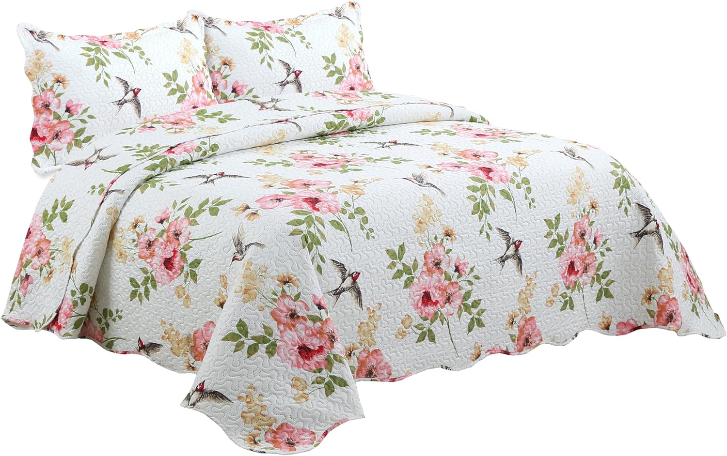 Decorkart Rich Printed Embossed Pinsonic Coverlet Bedspread Ultra Soft 3 Piece Summer Quilt Set with 2 Quilted Shams, Pink Floral and Birds Pattern