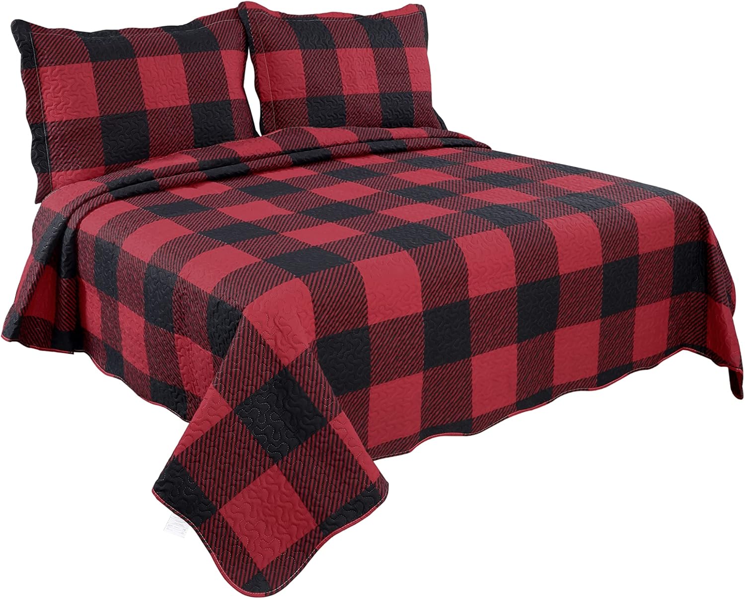 Decorkart Rich Printed Embossed Pinsonic Coverlet Bedspread Ultra Soft 3 Piece Summer Quilt Set with 2 Quilted Shams, Red Black Plaid Pattern