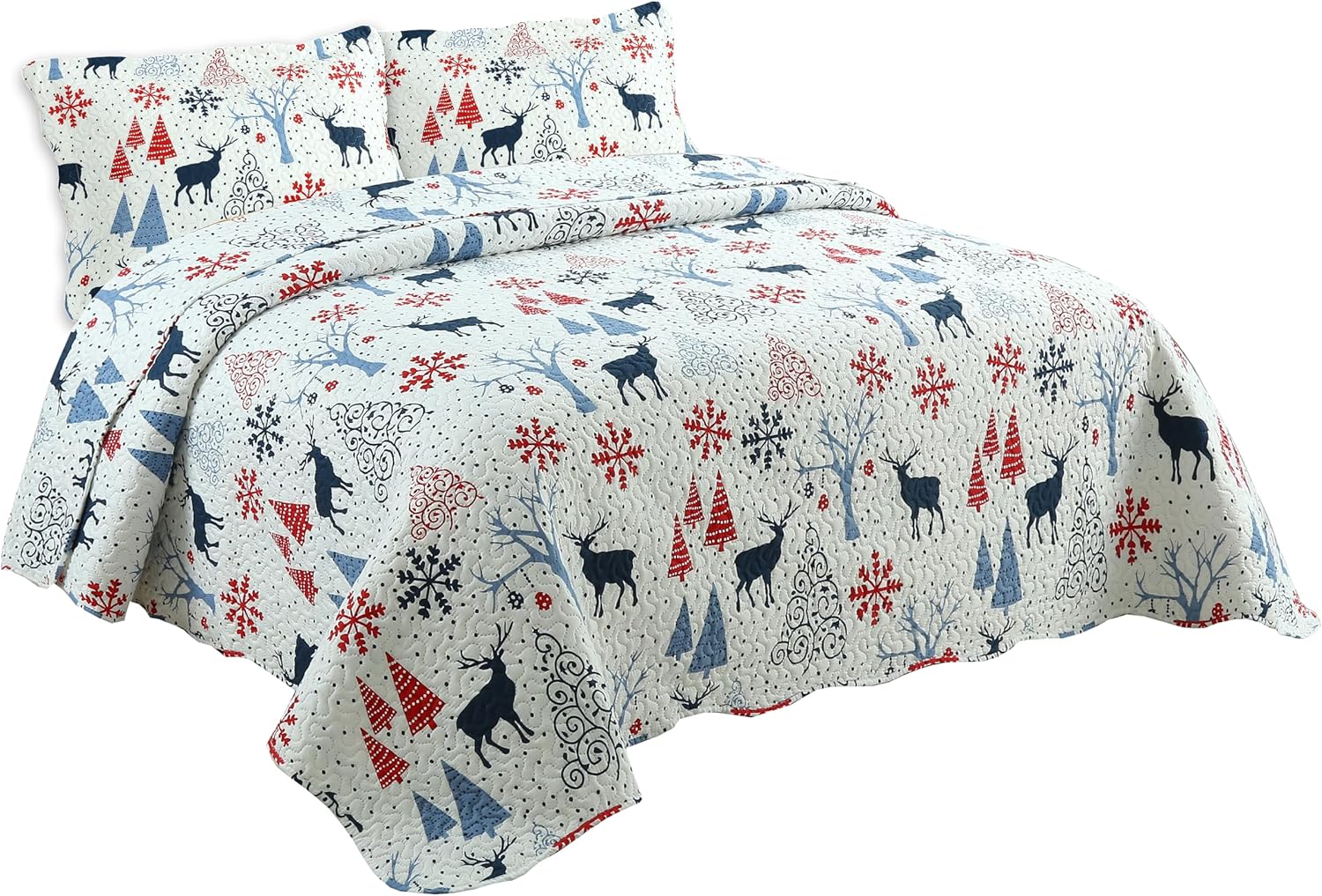 Decorkart Rich Printed Embossed Pinsonic Coverlet Bedspread Ultra Soft 3 Piece Summer Christmas Quilt Set with 2 Quilted Shams, Xmas Reindeer and Tree Pattern