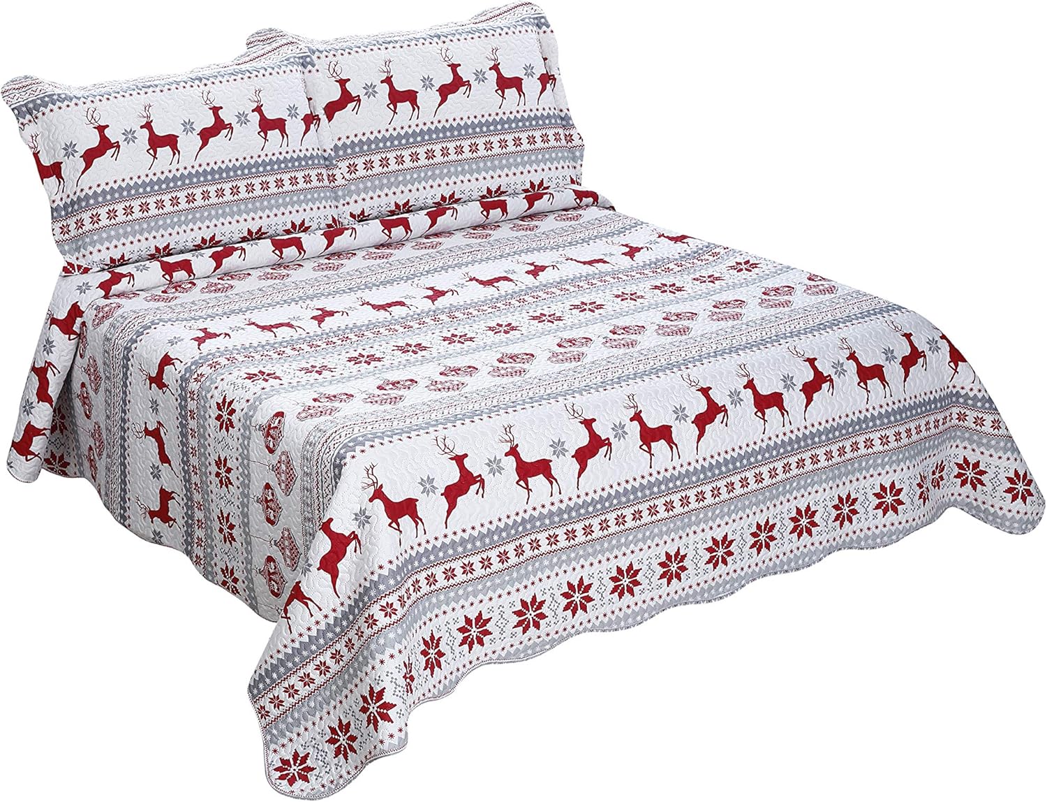 Decorkart Rich Printed Embossed Pinsonic Coverlet Bedspread Ultra Soft 3 Piece Summer Christmas Quilt Set with 2 Quilted Shams, Xmas Deer Pattern
