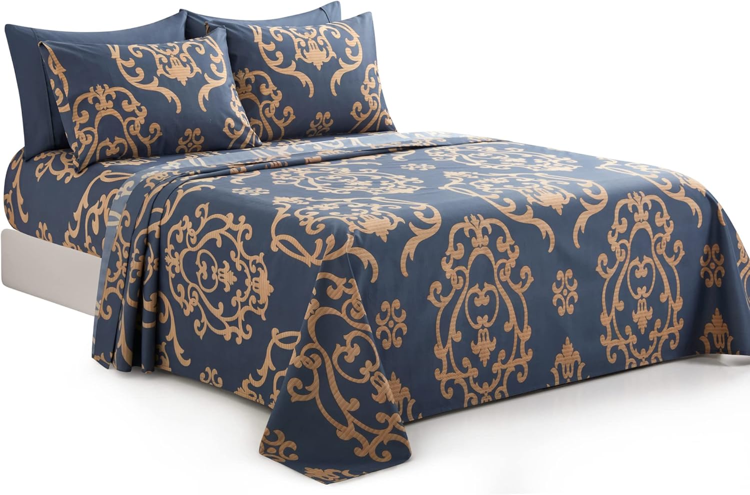 Decorkart Ultra Soft Silky Deep Pocket Rich Printed Bedding Rayon from Bamboo All Season 6 Pieces Sheet Set with 4 Pillowcases, Gold Damask Navy Blue Pattern