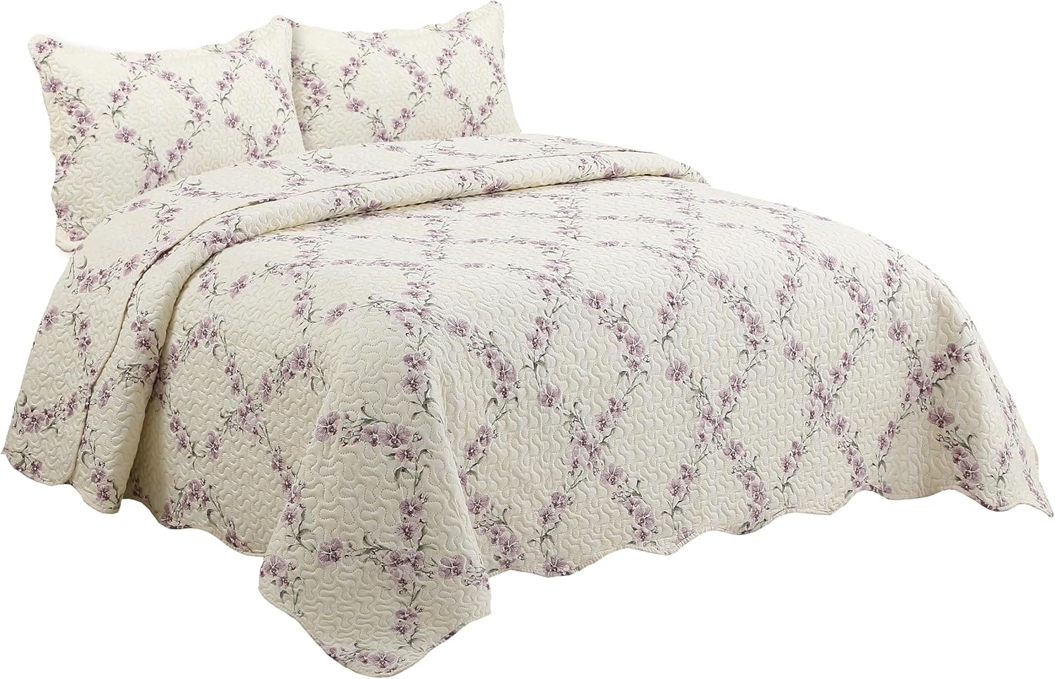 Decorkart Rich Printed Embossed Pinsonic Coverlet Bedspread Ultra Soft Home Bedding 2 Piece Summer Quilt Set with 1 Embossed Sham, Purple Orchid Cream Pattern