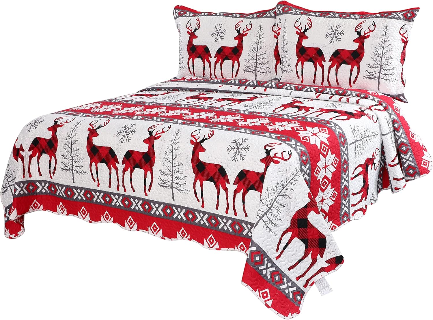 Decorkart Rich Printed Embossed Pinsonic Coverlet Bedspread Ultra Soft 3 Piece Summer Christmas Quilt Set with 2 Quilted Shams, Xmas Snowflake and Deer Pattern