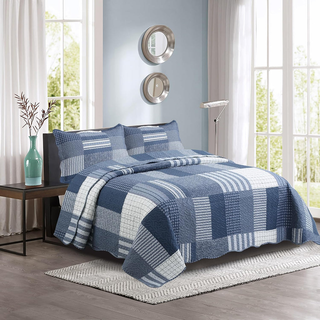 Decorkart Rich Printed Embossed Pinsonic Coverlet Bedspread Ultra Soft Home Bedding 3 Piece Summer Quilt Set with 2 Embossed Shams, Navy White Plaid Pattern