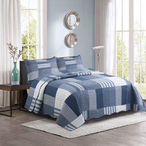 Decorkart Rich Printed Embossed Pinsonic Coverlet Bedspread Ultra Soft Home Bedding 3 Piece Summer Quilt Set with 2 Embossed Shams, Navy White Plaid Pattern