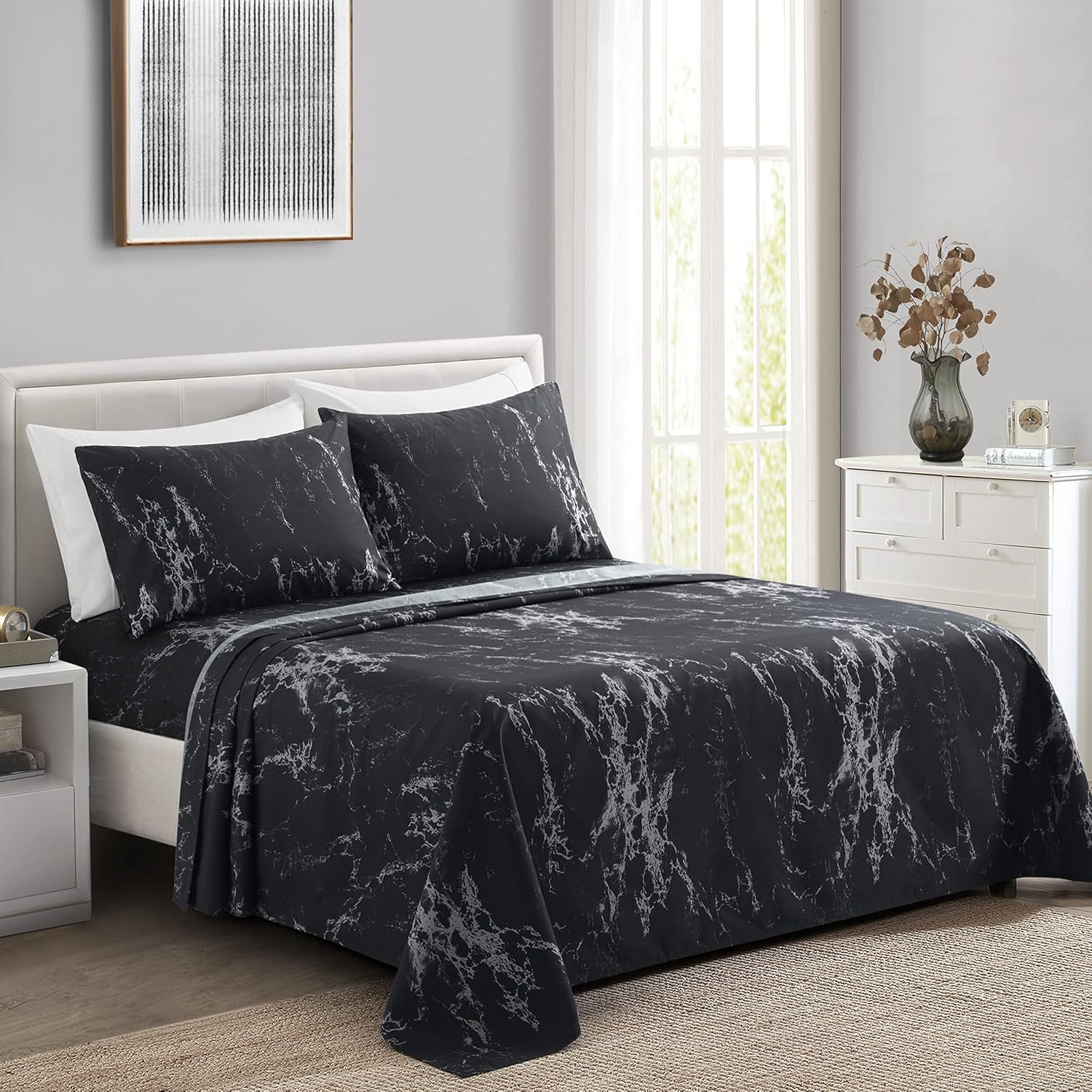 Decorkart Ultra Soft Silky Deep Pocket Rich Printed Bedding Rayon from Bamboo All Season 6 Pieces Sheet Set with 4 Pillowcases, Modern Black Marble Pattern