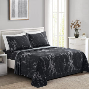 Decorkart Ultra Soft Silky Deep Pocket Rich Printed Bedding Rayon from Bamboo All Season 6 Pieces Sheet Set with 4 Pillowcases, Modern Black Marble Pattern