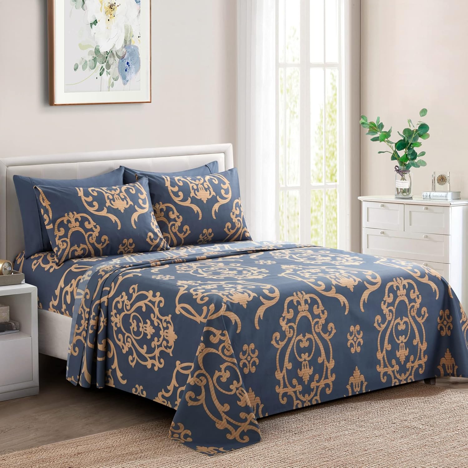 Decorkart Ultra Soft Silky Deep Pocket Rich Printed Bedding Rayon from Bamboo All Season 6 Pieces Sheet Set with 4 Pillowcases, Gold Damask Navy Blue Pattern