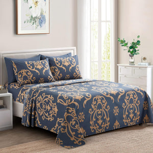 Decorkart Ultra Soft Silky Deep Pocket Rich Printed Bedding Rayon from Bamboo All Season 6 Pieces Sheet Set with 4 Pillowcases, Gold Damask Navy Blue Pattern