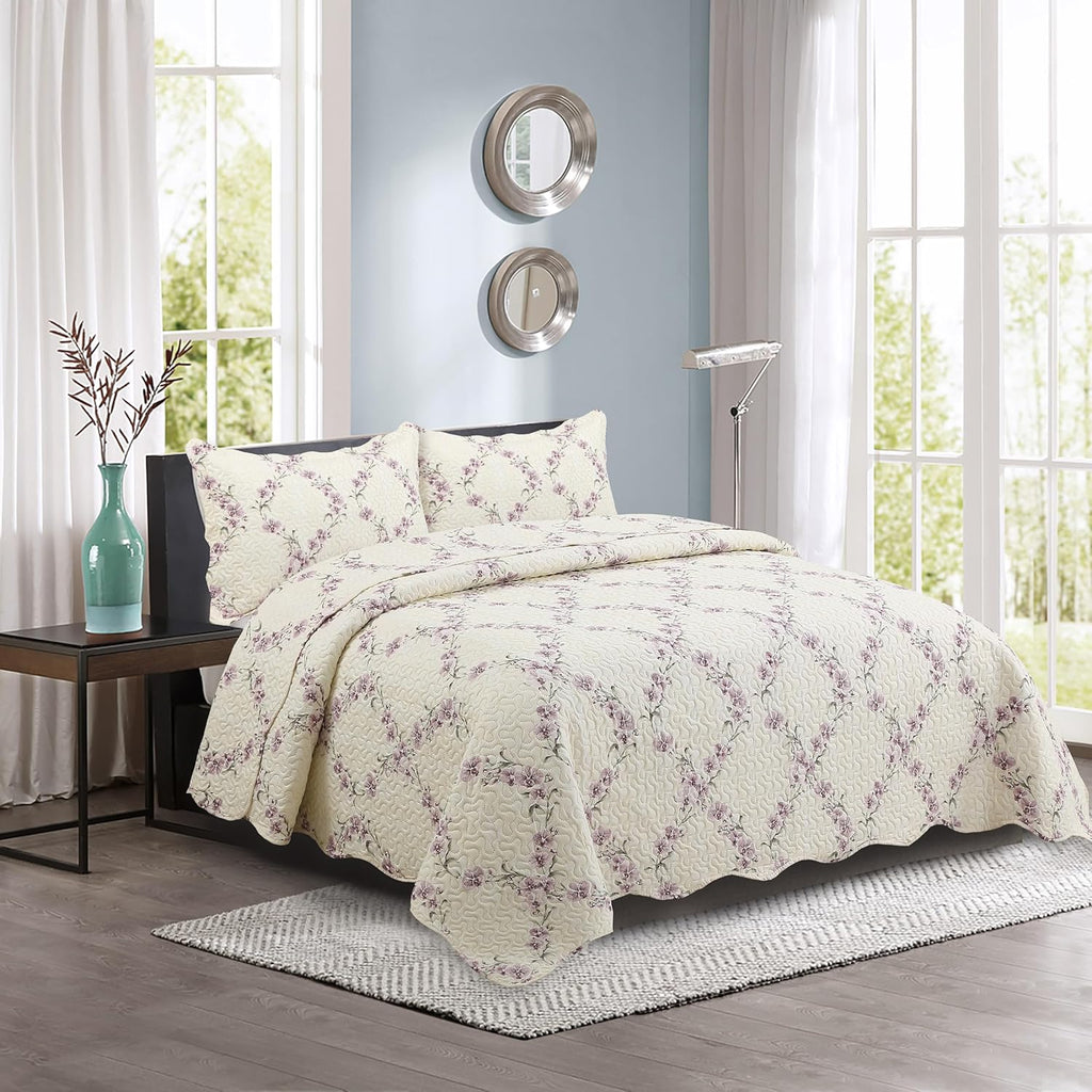 Decorkart Rich Printed Embossed Pinsonic Coverlet Bedspread Ultra Soft Home Bedding 2 Piece Summer Quilt Set with 1 Embossed Sham, Purple Orchid Cream Pattern